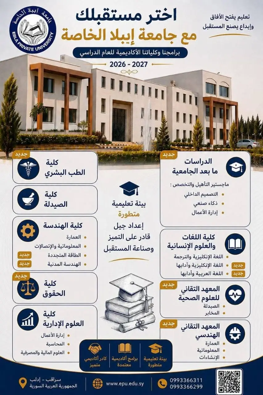 برامجنا وكلياتنا الأكاديمية للعام الدراسي 2026-2027 — جامعة إيبلا الخاصة، حيث يلتقي التعليم بالإبداع